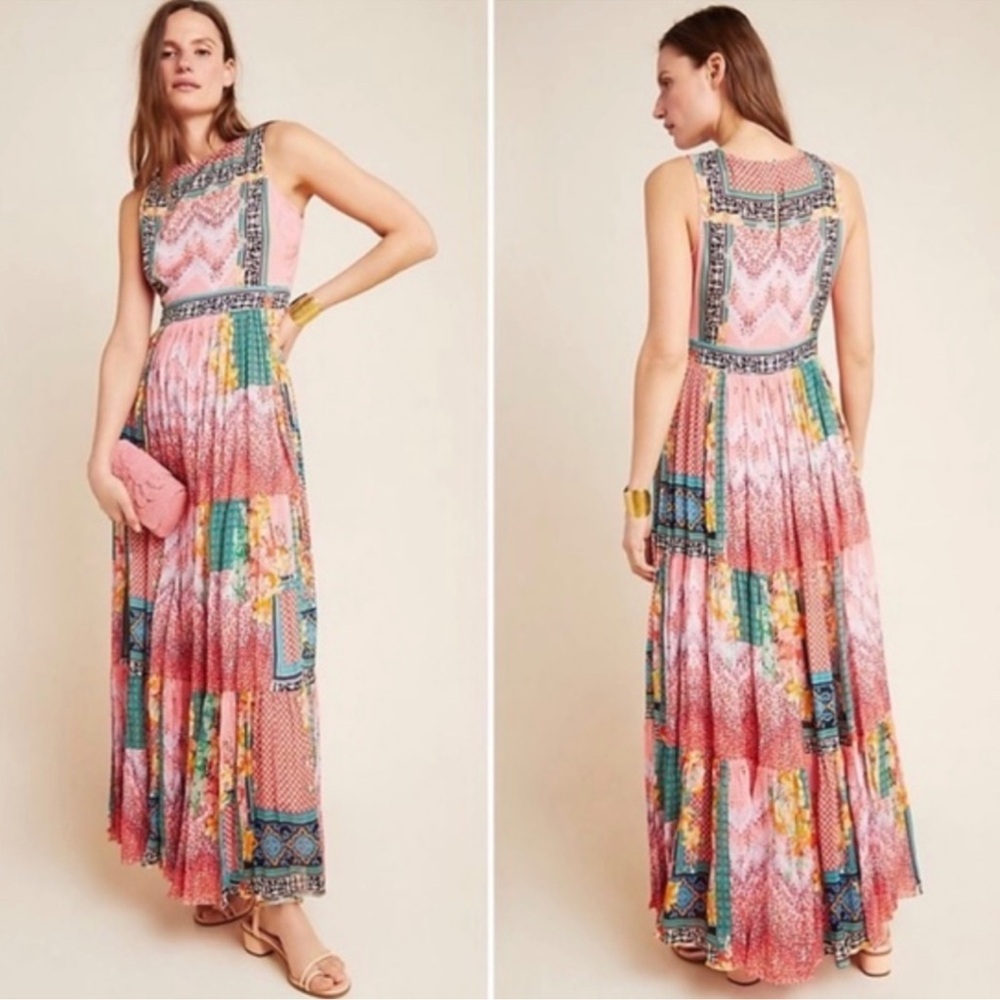 Anthropologie Pink and Blue Pleated Halter Maxi Dress